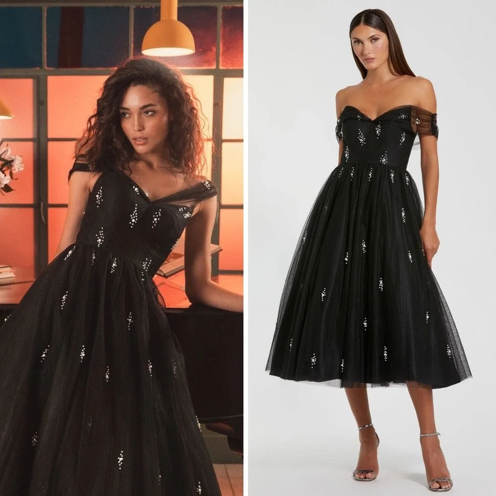 Mac Duggal Off The Shoulder Black Pearl‎ Embellished Tulle Cocktail Dress Size 2